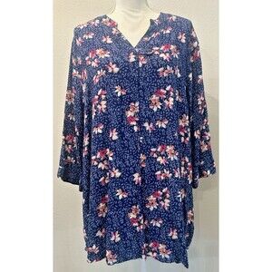 Woman Within Blue Floral V-Neck Tunic Blouse 3/4 Sleeve Size 1X (22/24)
